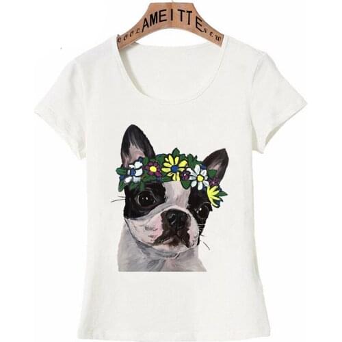 Lovely Boston Terrier Flower Crown T-shirt Fashion Womens Short Sleeve Casual Apparel Cute Girl Tops Funny Dog Design Mujer Tee