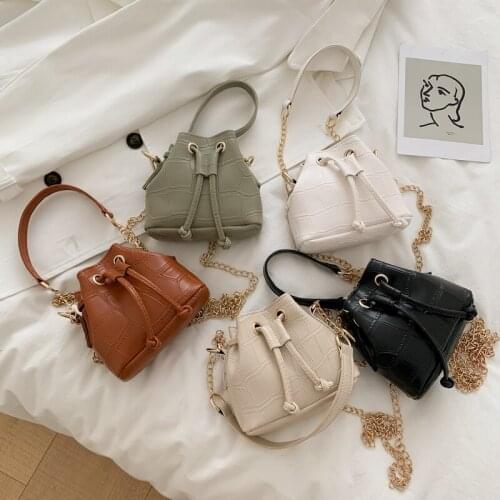 2021 Fashion Trend Women Crocodile Pattern PU Leather Bucket Bag Chain Strap Drawstring Shoulder Tote Mini Crossbody Handbags