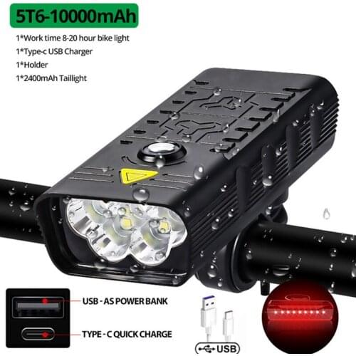4 Modes Powerful 10000mAh Bike Light Front Bike Headlight 5T6 LED Flashlights Front Lights Rear USB Rechargeable with Taillight