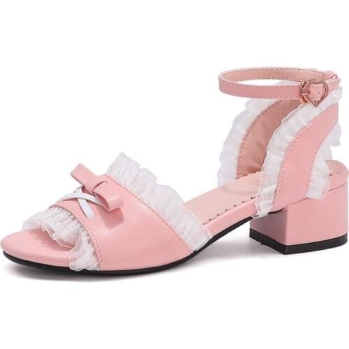 AGODOR Peep Toe Sandals Lolita Sandals Bow Tie Pink Sandals Lace Sweet Kawaii Sandals Summer Shoes Mid Heel Sandals Size 33-43