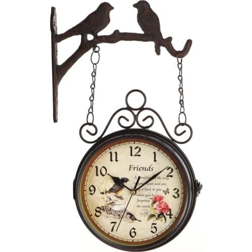 European Vintage Two Birds on Branch With Rose Flower Design Double Sided Round Hanging Wall Mounted Decor Iron Clock