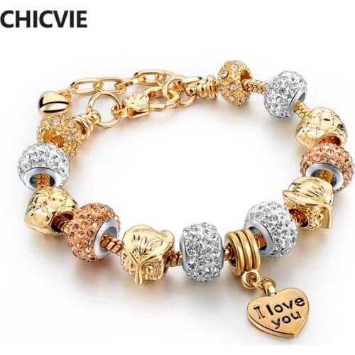 CHICVIE NEW Gold Color Love Charms Personaliz Bracelets & Bangles For Women Crystal Beads Bracelet Femme Brand Jewelry SBR160040