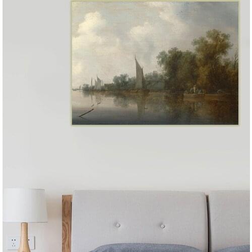 Citon Jacob van Ruisdael《A River with Fishermen drawing a Net》Canvas Art Oil Painting Artwork Picture Wall Decor Home Decoration
