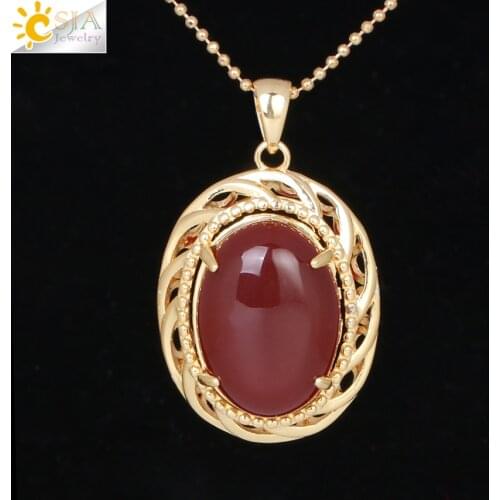 CSJA Red Agates Jewelry Onyx Oval Pendants & Necklaces Women Prong Setting New Natural Stone Hollow Gold Color Jewellery F298