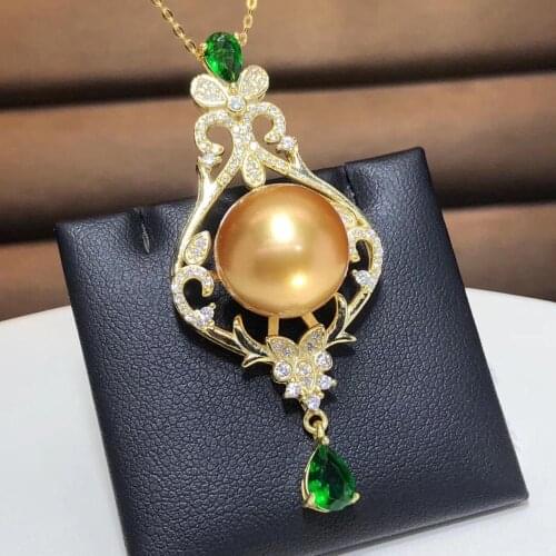 D321 Pearls Pendant Fine Jewelry Pure 925 Sterling Silver Natural 13-14mm Ocean Sea Golden Pearls Females Pendants Necklaces
