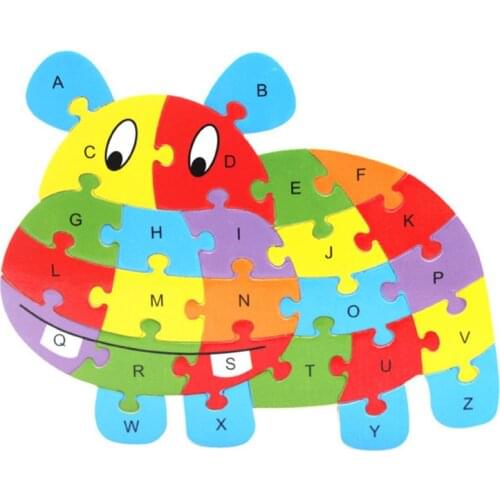 Wooden Lion Hippo Elephant Dinosaur English ABC Alphabet Learning Puzzles Jigsaw Intelligence Games Toys Education Children Kids