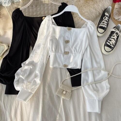 Elegant Retro Vintage Square Collar Off Shouler Lantern Long Sleeve Blouses Slim Waist Button Design Pullover Blusas Solid Shirt