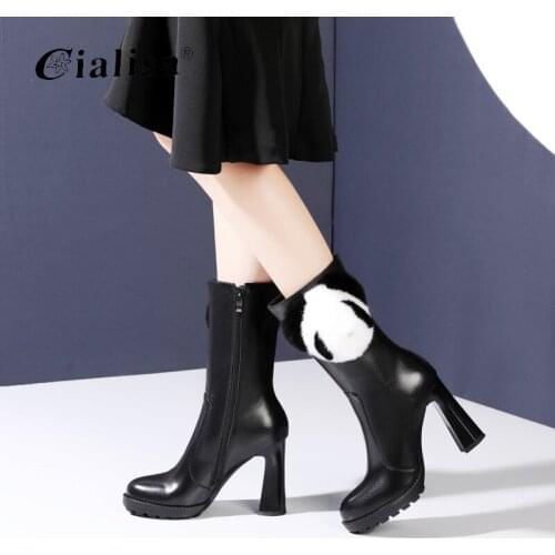 CIALISA Women Shoes Fashion New Design Genuine Leather Round Toe White Super High Heel Boot Sexy Warm Plush Chunky Heel Boots