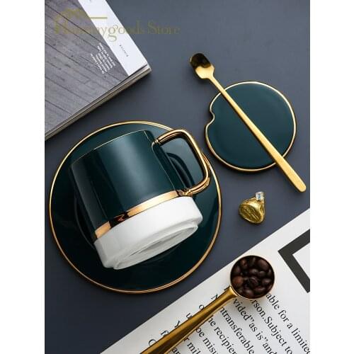 Coffer Mug Nordic Luxury Ceramic Coffee Cup With Spoon Solid Green Minimalist Afternoon Tea Cups High Quality Cup And Saucer Set