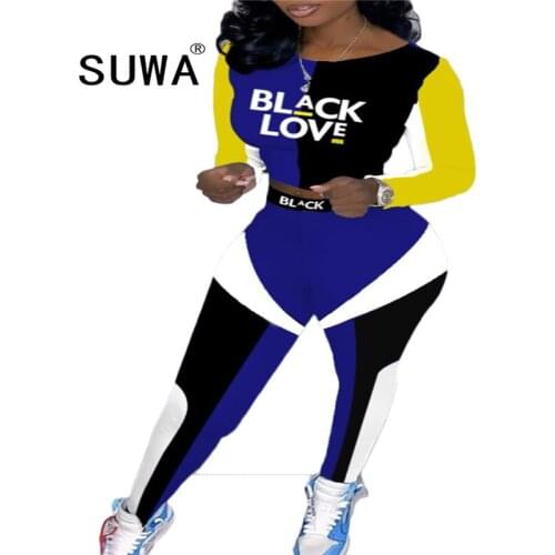 Sexy Fitness Wear Sports 2 Piece Set Women Letter Printed Pullover Long Sleeve T-Shirt High Waist Joggers Leggings Streetwear