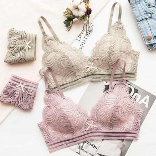 Roseheart New Women Fashion Pink Sexy Lingerie Lace Bow Trim Wireless Cotton Panties Padded Seamless Bra Sets Underwear A B