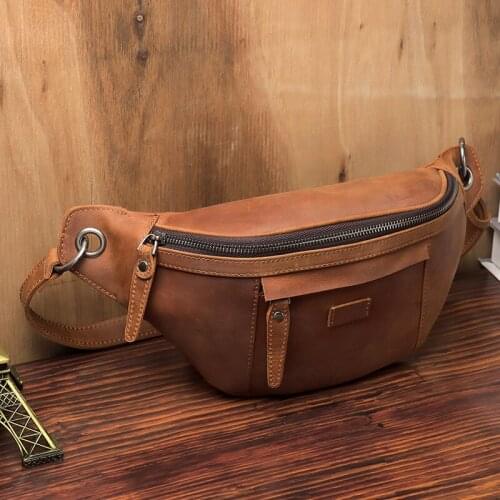 Men Chest Bag Crazy Horse Leather Retro Cowhide Waist Bags Phone Pouch Belt Pack Casual Outdoor Travel Crossbody Backpack