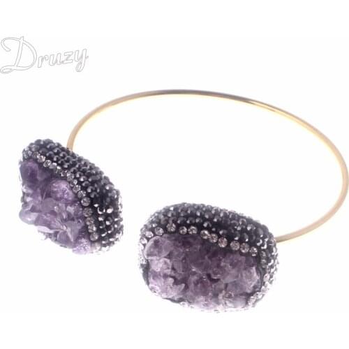 New Fashion Amethysts Crystal Natural Stone Bracelet Bangles for Women Natural Druzy Drusy Beaded Simple Gold Color Cuff Bangle