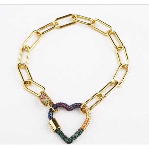 New Womens rainbow heart clasp Gold Plated rectangular chain bracelet
