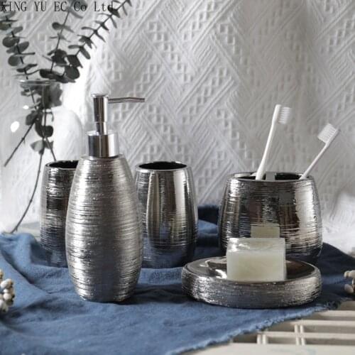European Style Bathroom Supplies Silver Ceramic Brushed Five-piece Mouthwash Cup Lotion Bottle Soap Dish Toothbrush Holder