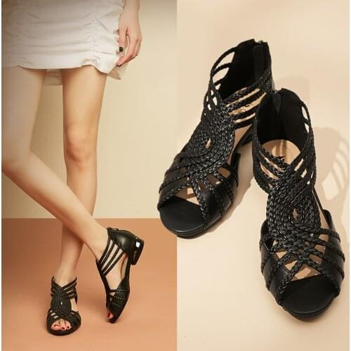 Universe M127 Summer Retro Twined Strips Genuine Leather Flats Ankle Wrap Peep Toe Zip Gladiators Sandals Women Female 2021