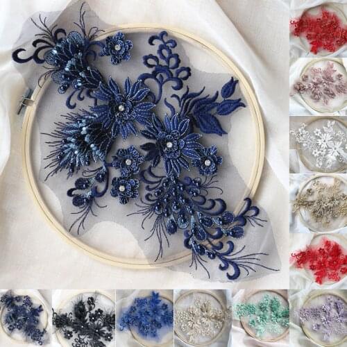 1Pc High Quality 37X25cm 12Colors Wedding Dress Floral Embroidery Sewing Patch Beaded Lace Applique Flower Trims DIY Craft BD315