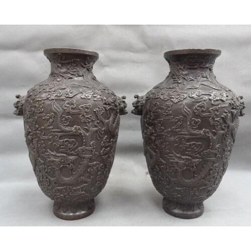 10" Chinese Bronze Buddhism Myth Fly Dragon Statue Lion Head Vase Pot Pair