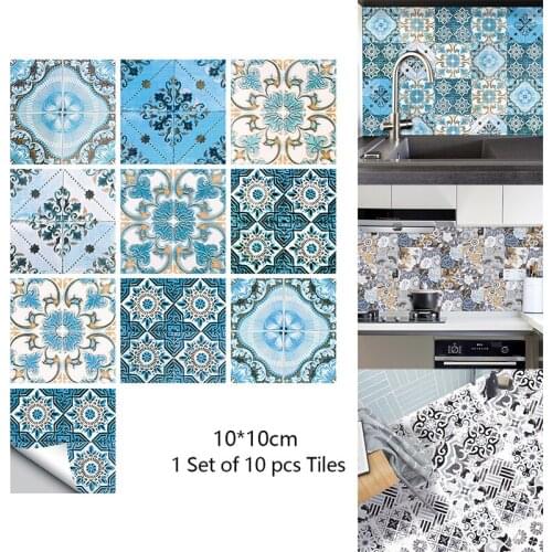 10Pcs European Style Wall Sticker Splicing Floral Simulation Tile Sticker Kitchen Bathroom Decoration Waterproof Wall Stickers