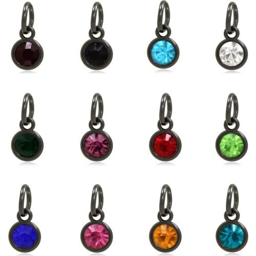 12pcs Round Black Color Birthstone DIY Birthday Stones 12 Months Alloy Size 7*15mm Charms Pendants with Open Circle