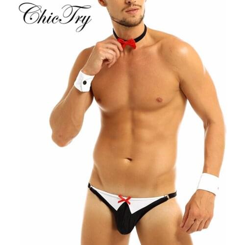 3Pcs Male Mens Thongs G-string Panties Butler Lingerie Bow Tie Tuxedo Thong G-string Cosplay Briefs with Collar and Bracelets