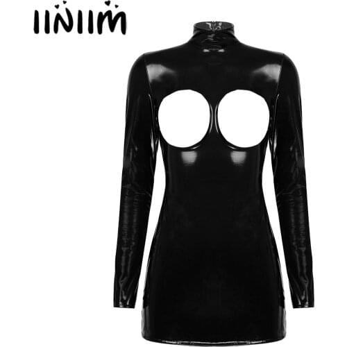 Womens Wet-Look Patent Leather Bare Breast Open Butt Sissy Bodysuit Lingerie Exotic Costume Zipper Mini Dress Sexy Clubwear