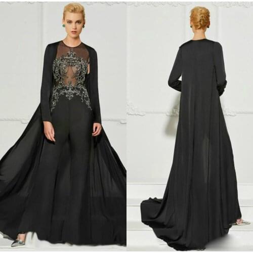 Black Jumpsuit Evening Gowns With Jacket Two Pieces Applique Beads Illusion Prom Dress Mother Of The Bride Dresses Formal