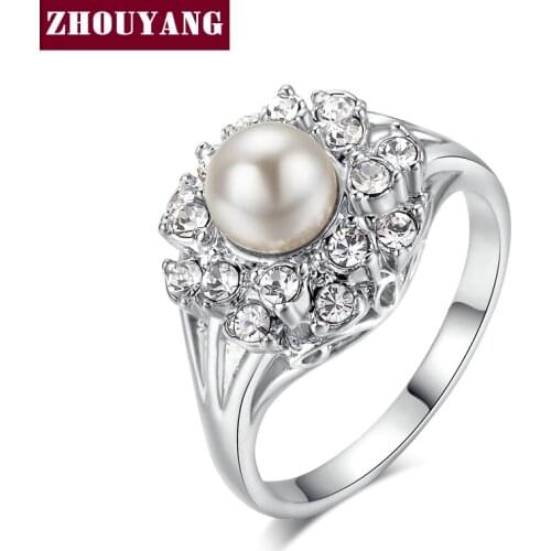 Top Quality ZYR171 ZYR182 Elegant Imitation Pearl Crystal Ring Silver Color Austrian Crystals Full Sizes