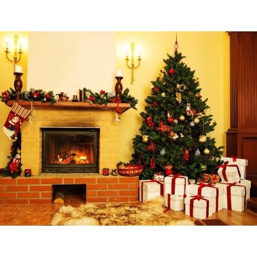 VinylBDS Winter Indoor Children Photography Background White Gift Box Brick Stove Christmas Backdrops For Photography