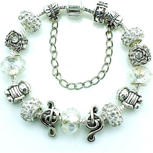 JINGLANG Fashion Europe Brand Silver Plated White Rhinestone Murano Beads Infinity Chain Cuff Bracelets For Women DIY Jewelry