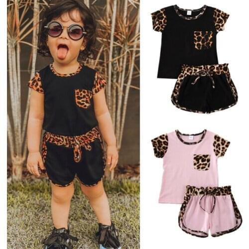 Summer Kids Baby Girl Leopard Print Tracksuits Short Sleeve Tops Lace-up Shorts 2Pcs Children Girl Sportswear Outfits 1-6Y