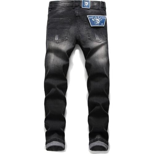 Mens Large Size Broken Hole Straight Tube Slim Casual Fashion Joker Micro-Elastic Trend Middle Waist Jeans Pants