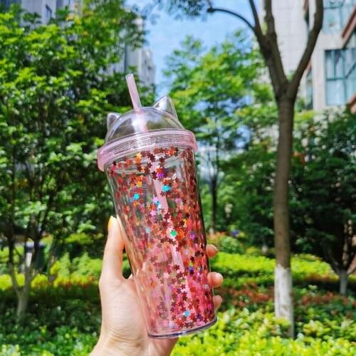 Drinking Cup Cute Creative Cat Ear Shape Glitter Star Plastic Straw Water Bottle Creative Personality Photo Student Girl Gift