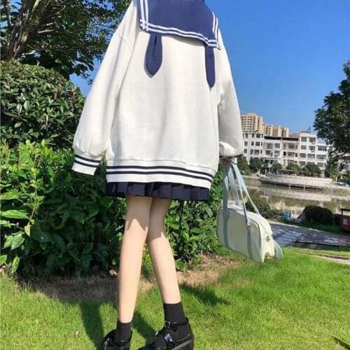 Japanese Kawaii Pullovers Hoodies Women Cute Sweet Navy Collar Loose Sweatshirts Preppy Style Rabbit Ears Long-Sleeved Bow Tops
