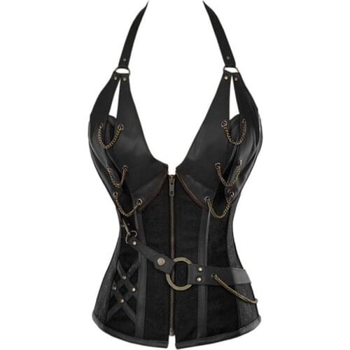 Bustiers & Corsets PU Leather Steampunk Corset Zipper Overbust Bustier Top Lace Up Steel Boned Gothic Waist Trainer Corselet Ves