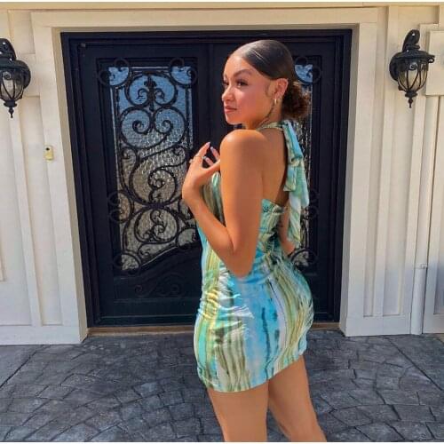 SKMY Women Clothing Summer Dresses 2021 New Fashion Blue Printed Casual Halter Lace-Up Party Night Club Dress Backless