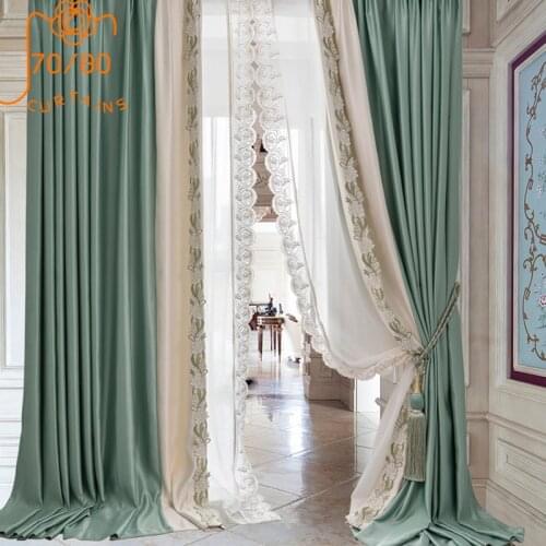 Light Luxury French Jacquard Satin Lace Stitching Curtains Blackout Curtains for Living Room Bedroom Finished Product