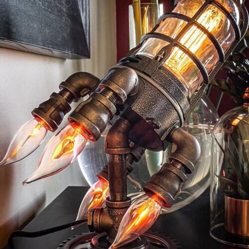 Steampunk Rocket Lamp US/UK/EU Plug Retro LED Lights Metal Desktop Decor Ornaments For Home Office Wall Decoration Night Light