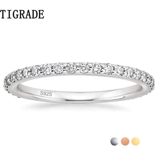 TIGRADE 2mm 925 Sterling Silver Ring for Women Wedding Band Cubic Zirconia Full Eternity Stackable Engagement Ring Size 3-13