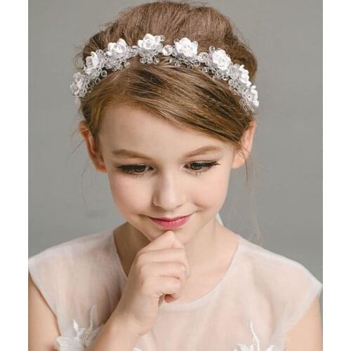 Korean Kids Faux Rose Flower Headband Flower Girl Bridal Wedding White Wreath Crown Mesh Headpiece