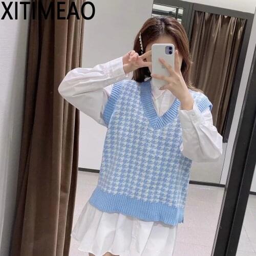 ZA Women 2020 Fashion Houndstooth Loose Knitted Vest Sweater V Neck Sleeveless Side Vents Female Waistcoat Chic Tops