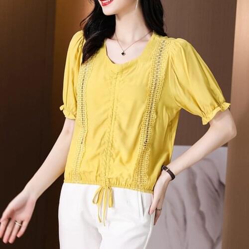 Pullover Shirt Women Square Collar Short Sleeve Blous 2021 Summer Fashion New Style Lace Drawstring Loose Korean Version Top