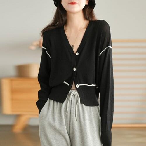 Johnature Women Tencel Linen Cardigan V-Neck Long Sleeve Solid Color Casual Clothing 2021 Autumn New Korean Style Cardigan