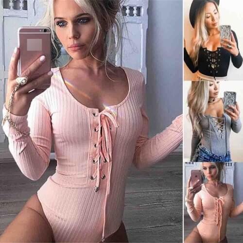 IMCUTE V-neck Hollow Lace-up Sexy Bodysuit Fall/Winter Womens Long Sleeve Slim Top Street Knitted Stretch High Waist Jumpsuit