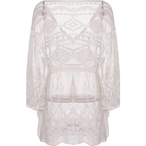 2021 Women Bikini Cover Up Dress Solid Long Sleeve V-Neck Waist Drawing Straps Smock Dress, Loose Sheer Mesh Swimwear Cover Up