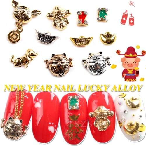 10pcs/lot 3D Nail Art New Year lucky Dog Fortune cat Gold Ingot Alloy Crystal Style Rhinestone Gems Metal
