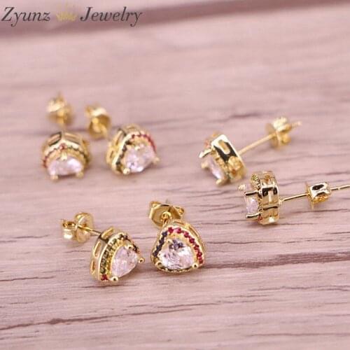 6 Pairs, Rainbow Crystal Zirconia Colorful CZ Micro Pave Heart / Tree Stud Earring For Women Girls