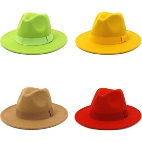 Mens Women Jazz Fedora hat Ribbon Band Belt fascinator hats Wide Brim Felt winter autumn Church Caps formal panama Cap