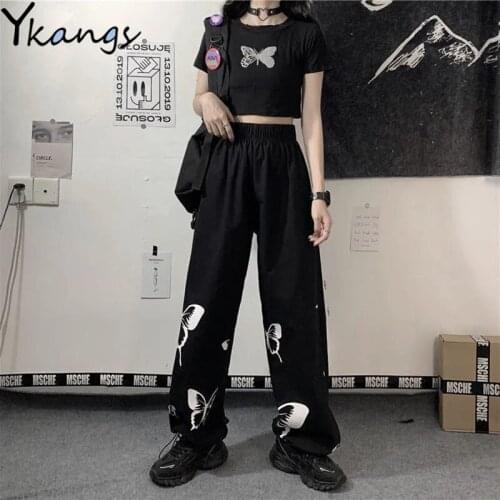 Harajuku Butterfly Print Black Trousers Women Casual Korean Style Baggy High Waist Pants Gothic Streetwear Women Wide Leg Pants