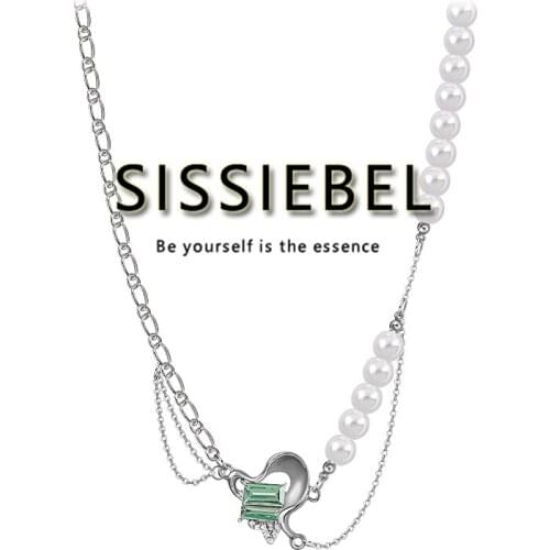 Light luxury Minority Mint Green Zircon Heart-Shaped Pendant Pearl Chain Splicing Necklace Hip Hop Clavicle Chain For Girls